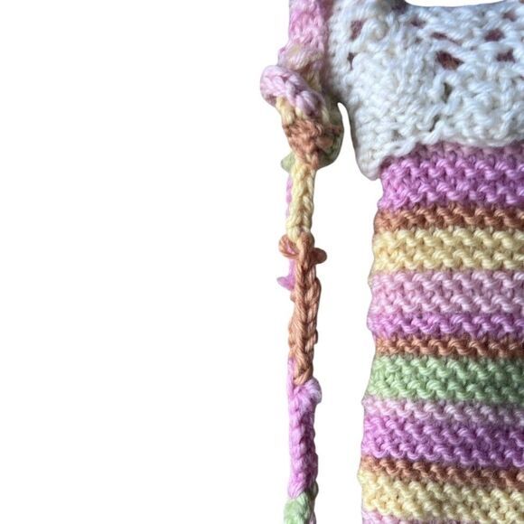 Vtg Handmade Crochet Christmas Stocking Pastel Multi Color 100% Wool Sack 12" - Picture 7 of 13